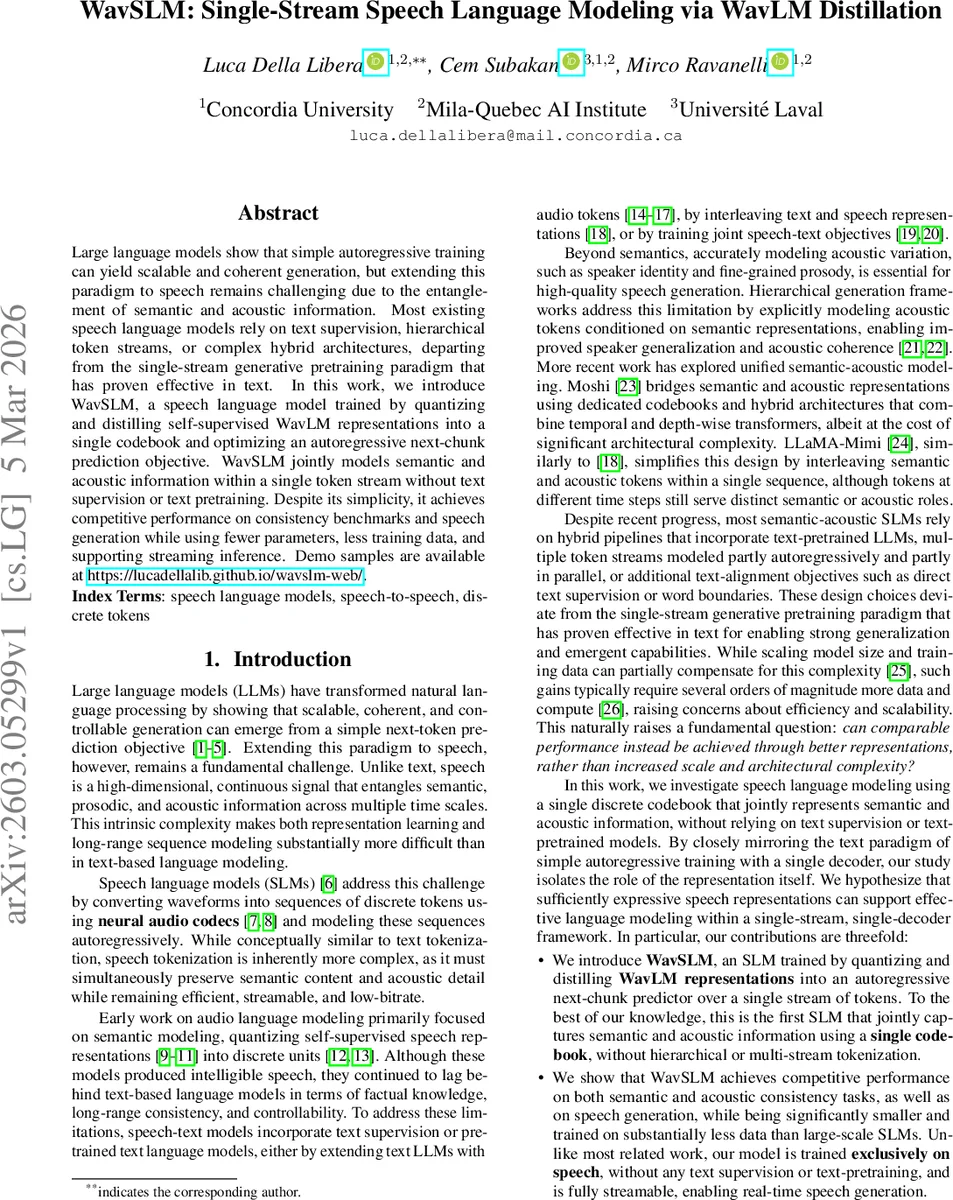 WavSLM: Single-Stream Speech Language Modeling via WavLM Distillation