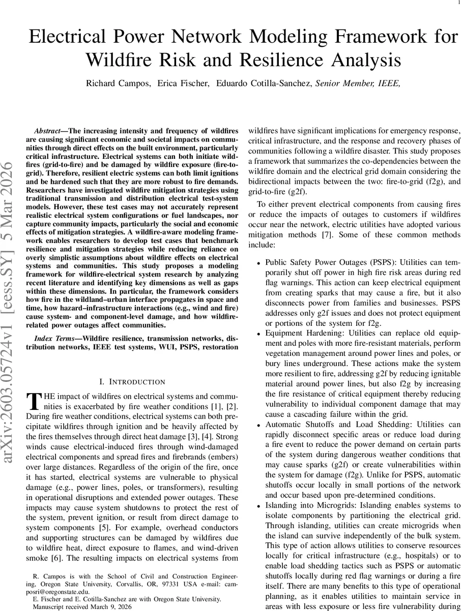 Electrical Power Network Modeling Framework for Wildfire Risk and Resilience Analysis