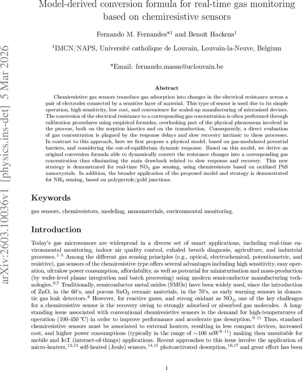 Model-derived conversion formula for real-time gas monitoring based on chemiresistive sensors