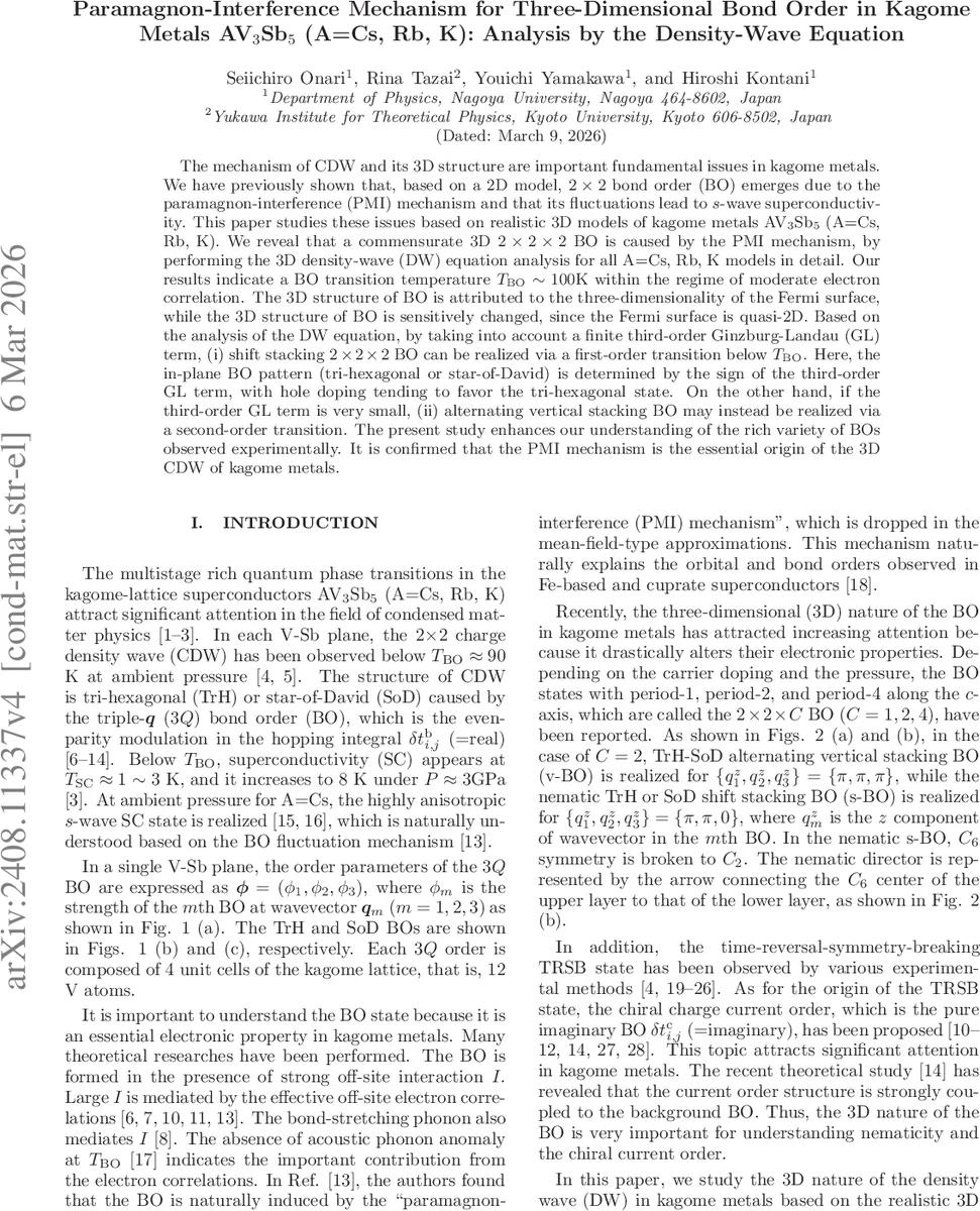 Paramagnon-Interference Mechanism for Three-Dimensional Bond Order in Kagome Metals AV$_3$Sb$_5$ (A=Cs, Rb, K): Analysis by the Density-Wave Equation