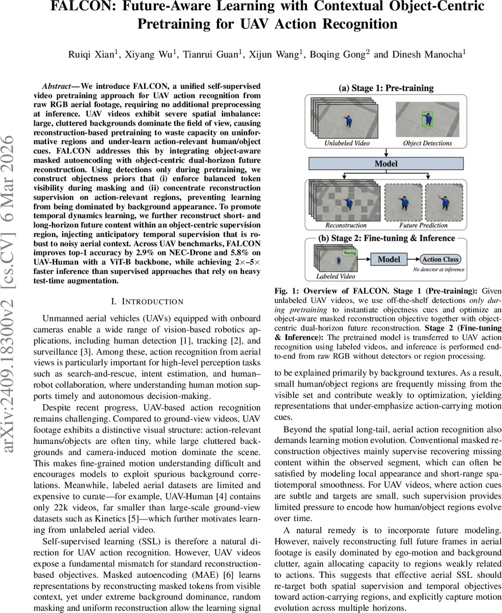 FALCON: Future-Aware Learning with Contextual Object-Centric Pretraining for UAV Action Recognition