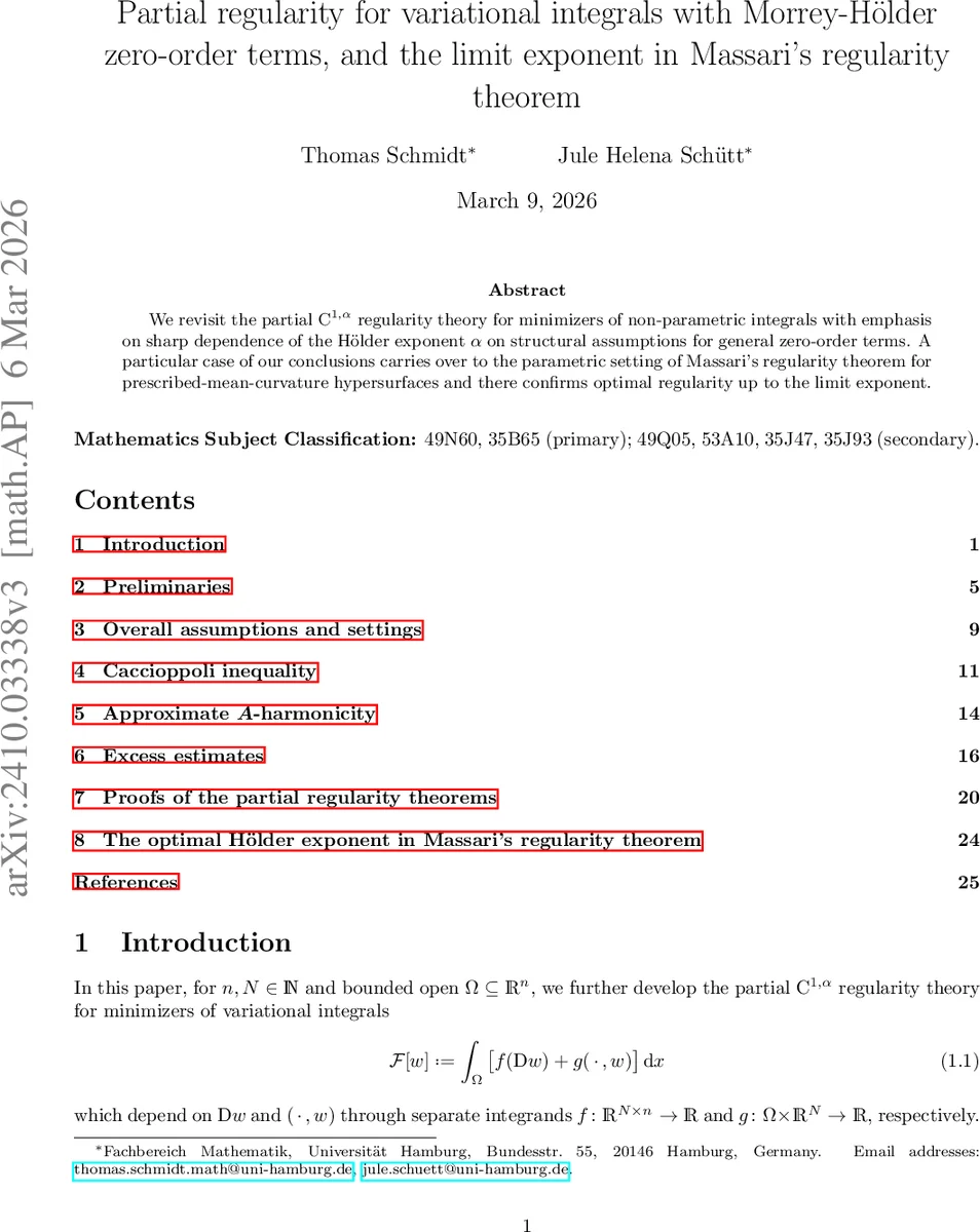 Partial regularity for variational integrals with Morrey-Hölder zero-order terms, and the limit exponent in Massari's regularity theorem