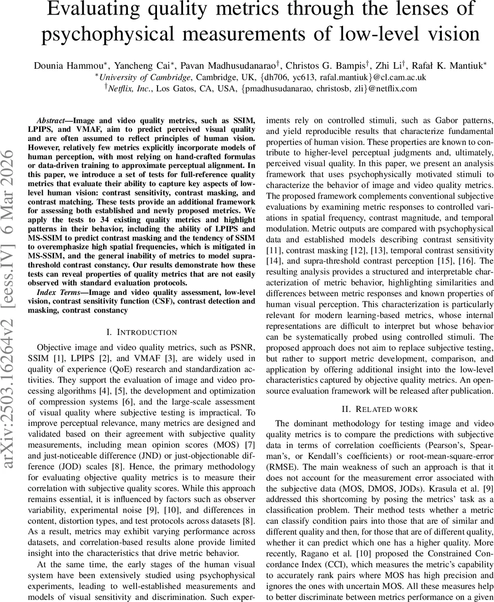 Evaluating quality metrics through the lenses of psychophysical measurements of low-level vision