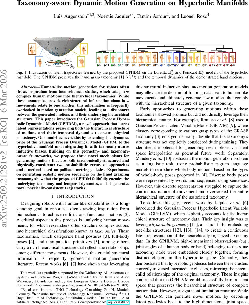 Taxonomy-aware Dynamic Motion Generation on Hyperbolic Manifolds