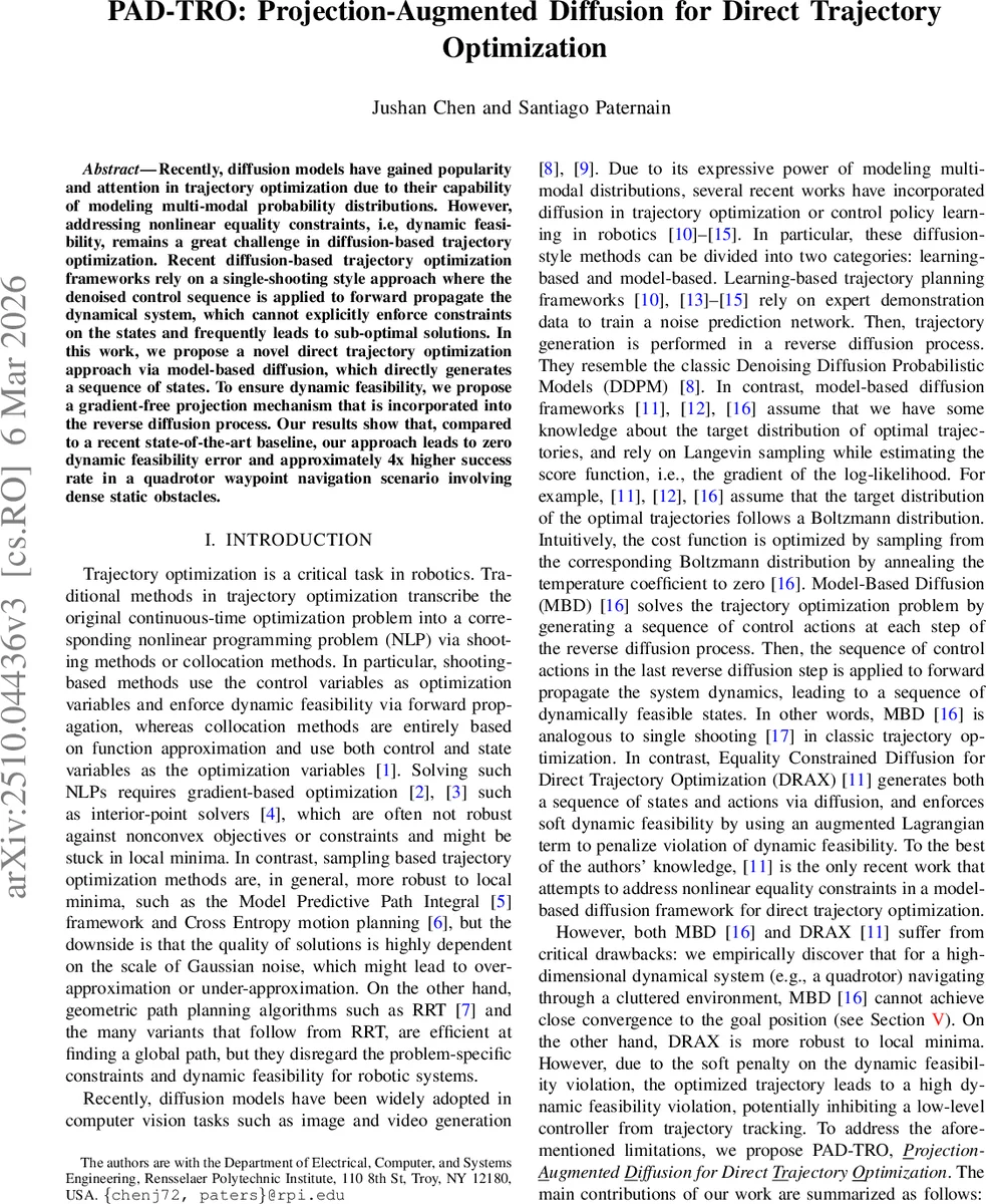 PAD-TRO: Projection-Augmented Diffusion for Direct Trajectory Optimization