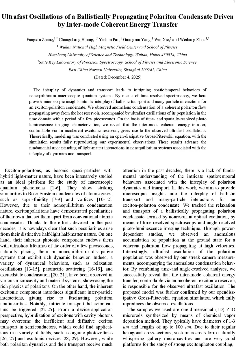 Ultrafast Oscillations of a Ballistically Propagating Polariton Condensate Driven by Inter-mode Coherent Energy Transfer