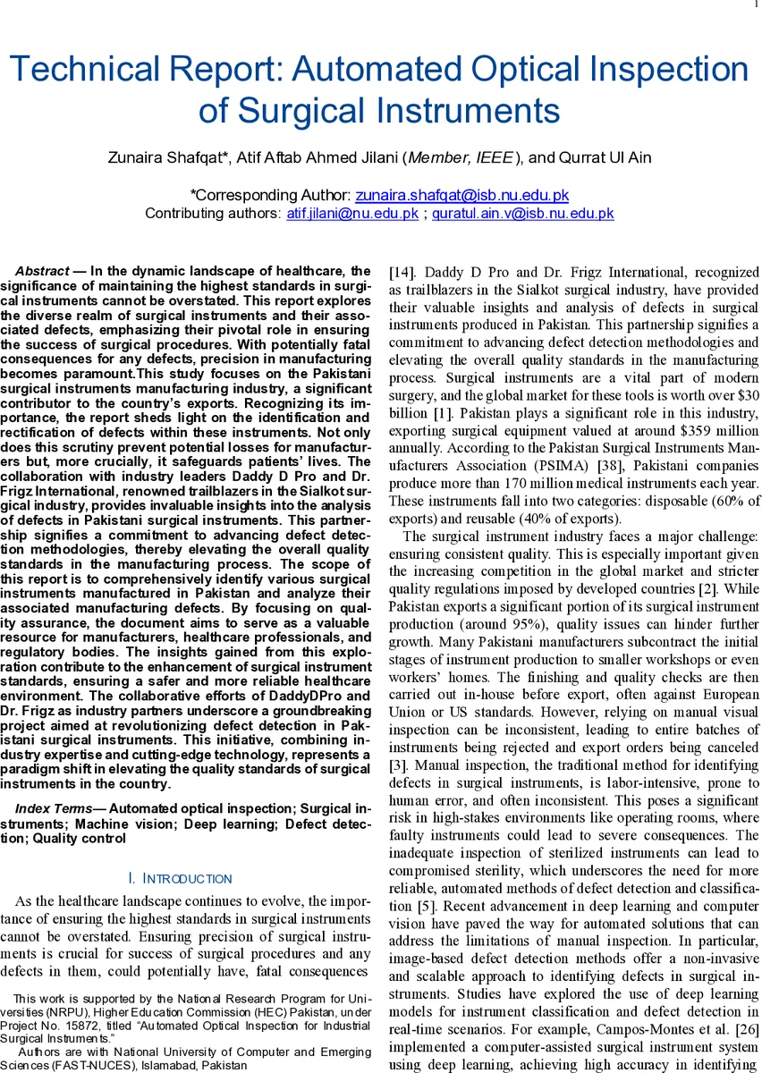 Technical Report: Automated Optical Inspection of Surgical Instruments