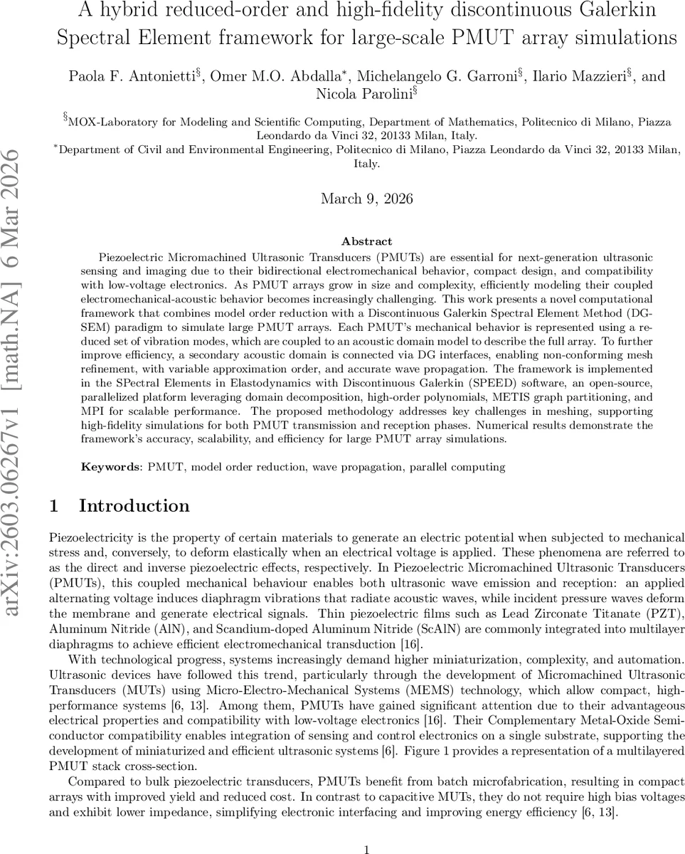 A hybrid reduced-order and high-fidelity discontinuous Galerkin Spectral Element framework for large-scale PMUT array simulations