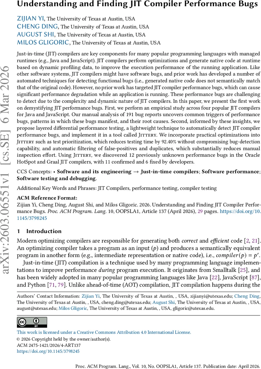 Understanding and Finding JIT Compiler Performance Bugs