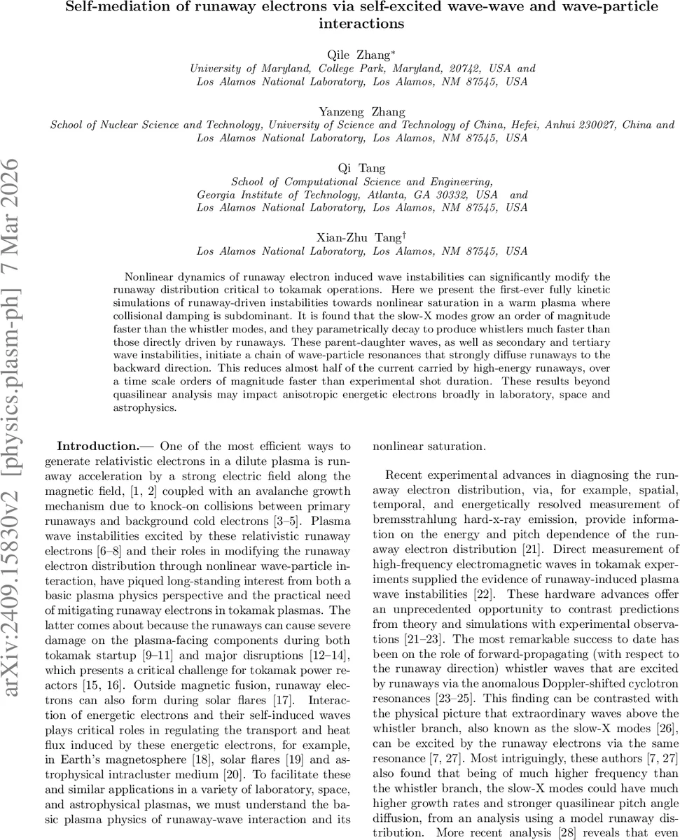 Self-mediation of runaway electrons via self-excited wave-wave and wave-particle interactions