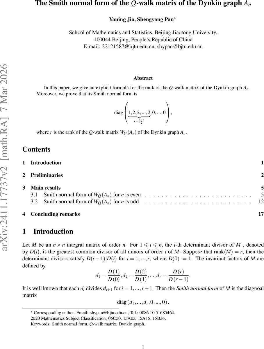 The Smith normal form of the Q-walk matrix of the Dynkin graph $A_n$