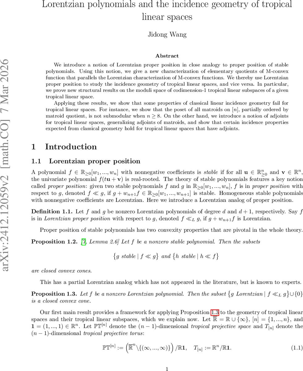 Lorentzian polynomials and the incidence geometry of tropical linear spaces