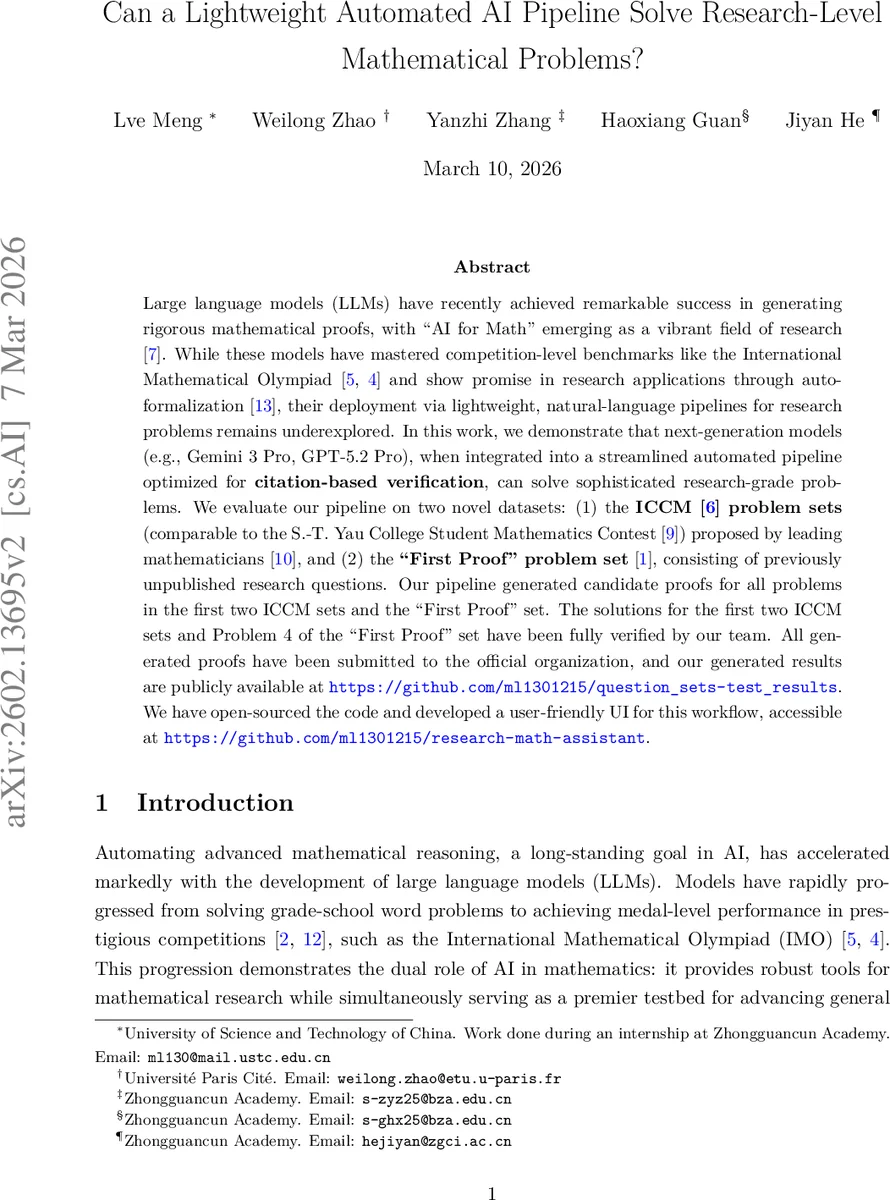 Can a Lightweight Automated AI Pipeline Solve Research-Level Mathematical Problems?