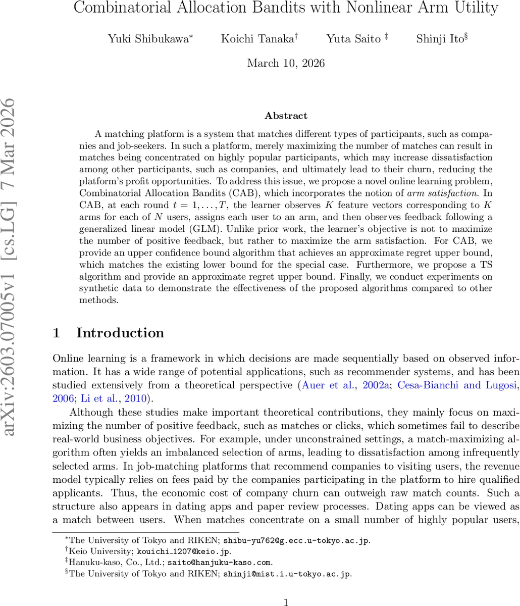 Combinatorial Allocation Bandits with Nonlinear Arm Utility