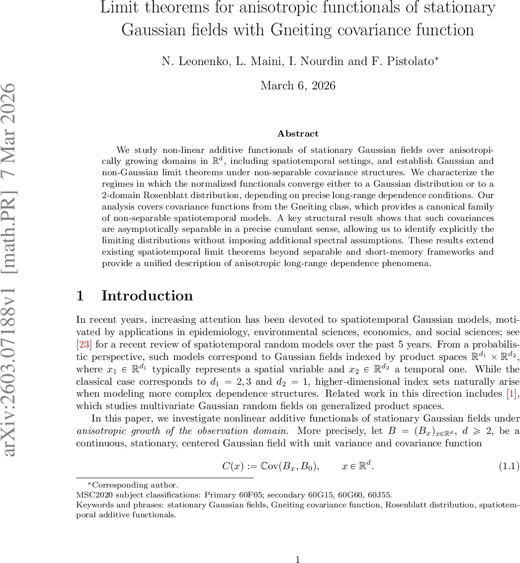 Limit theorems for anisotropic functionals of stationary Gaussian fields with Gneiting covariance function