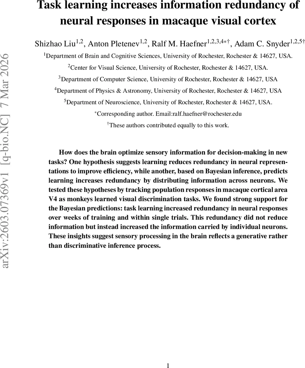 Task learning increases information redundancy of neural responses in macaque visual cortex