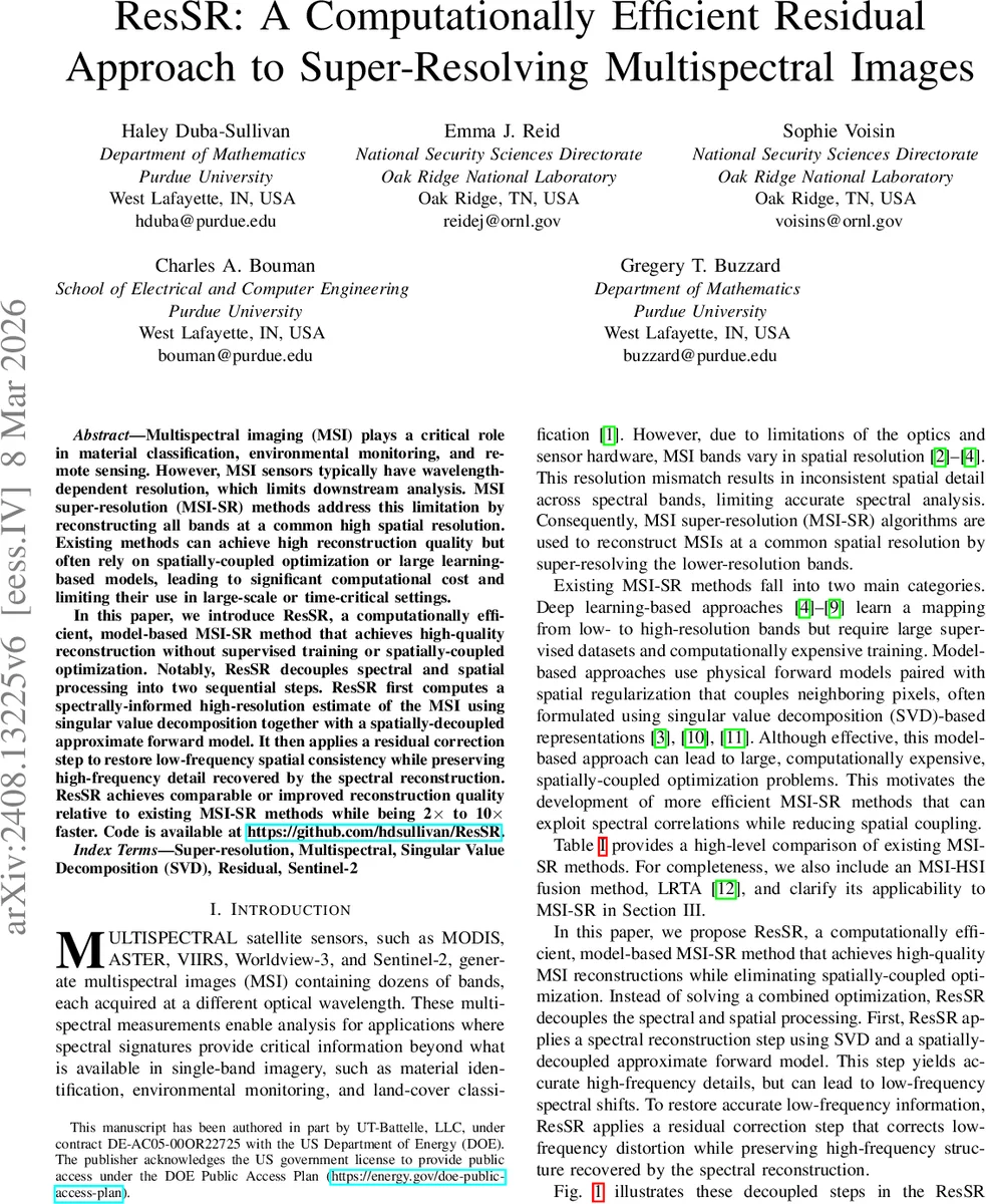 ResSR: A Computationally Efficient Residual Approach to Super-Resolving Multispectral Images