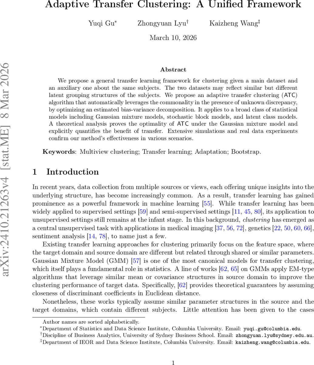 Adaptive Transfer Clustering: A Unified Framework