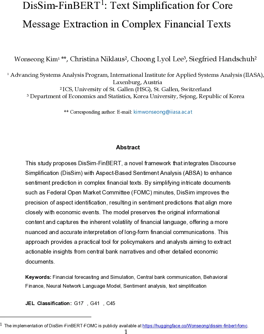 DisSim-FinBERT: Text Simplification for Core Message Extraction in Complex Financial Texts