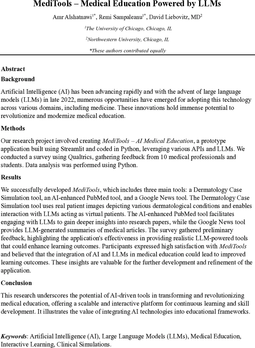 MediTools -- Medical Education Powered by LLMs