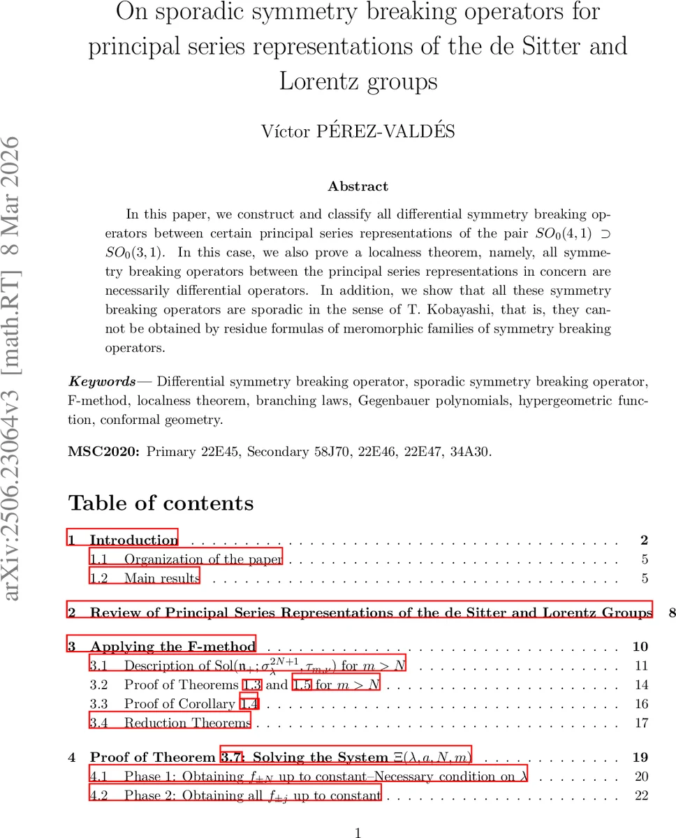 On sporadic symmetry breaking operators for principal series representations of the de Sitter and Lorentz groups