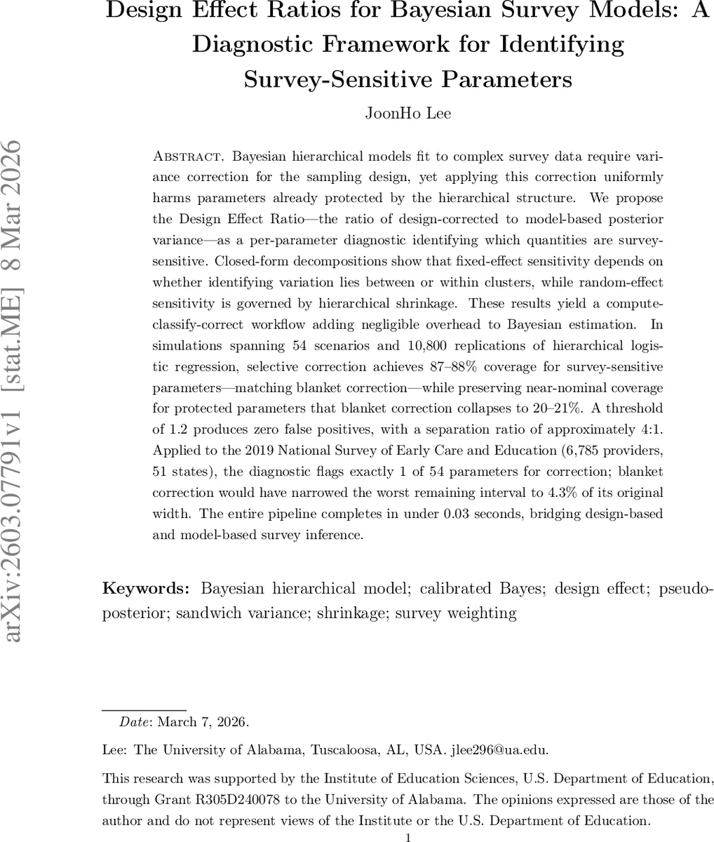 Design Effect Ratios for Bayesian Survey Models: A Diagnostic Framework for Identifying Survey-Sensitive Parameters