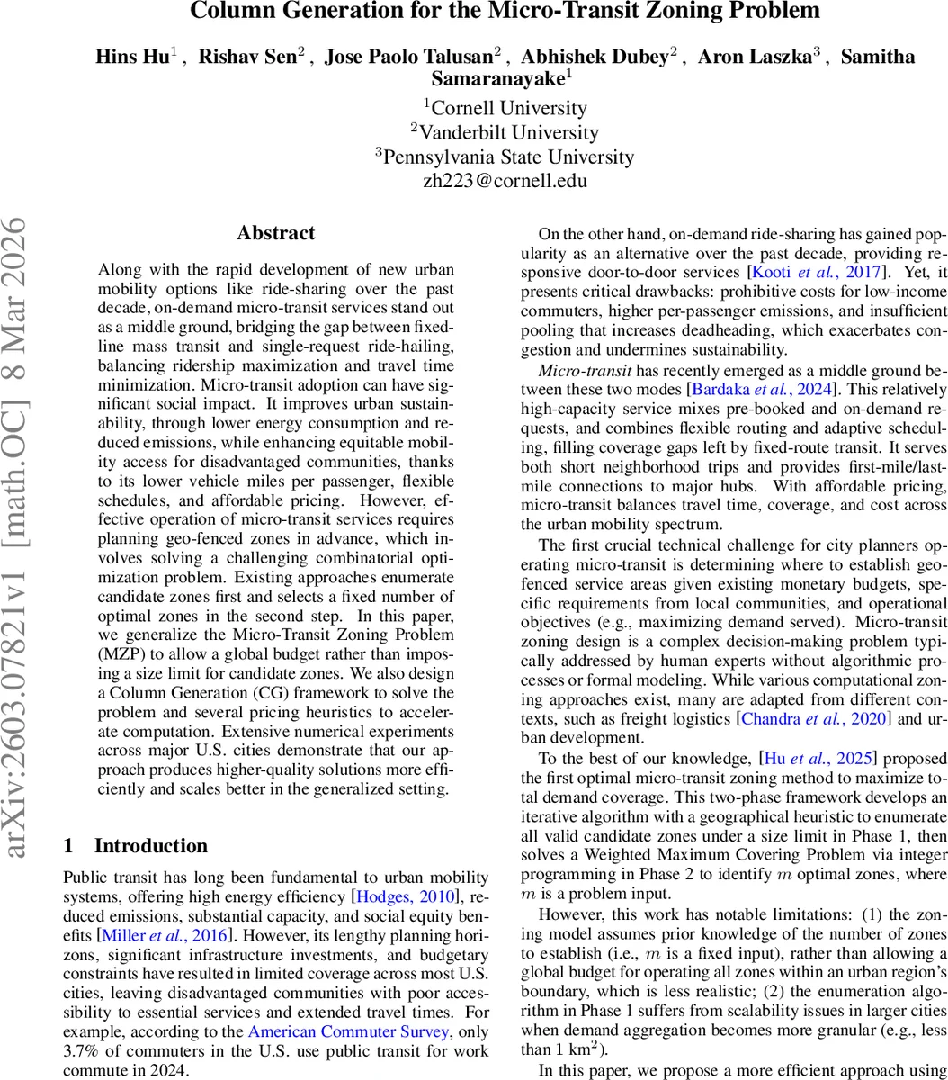 Column Generation for the Micro-Transit Zoning Problem