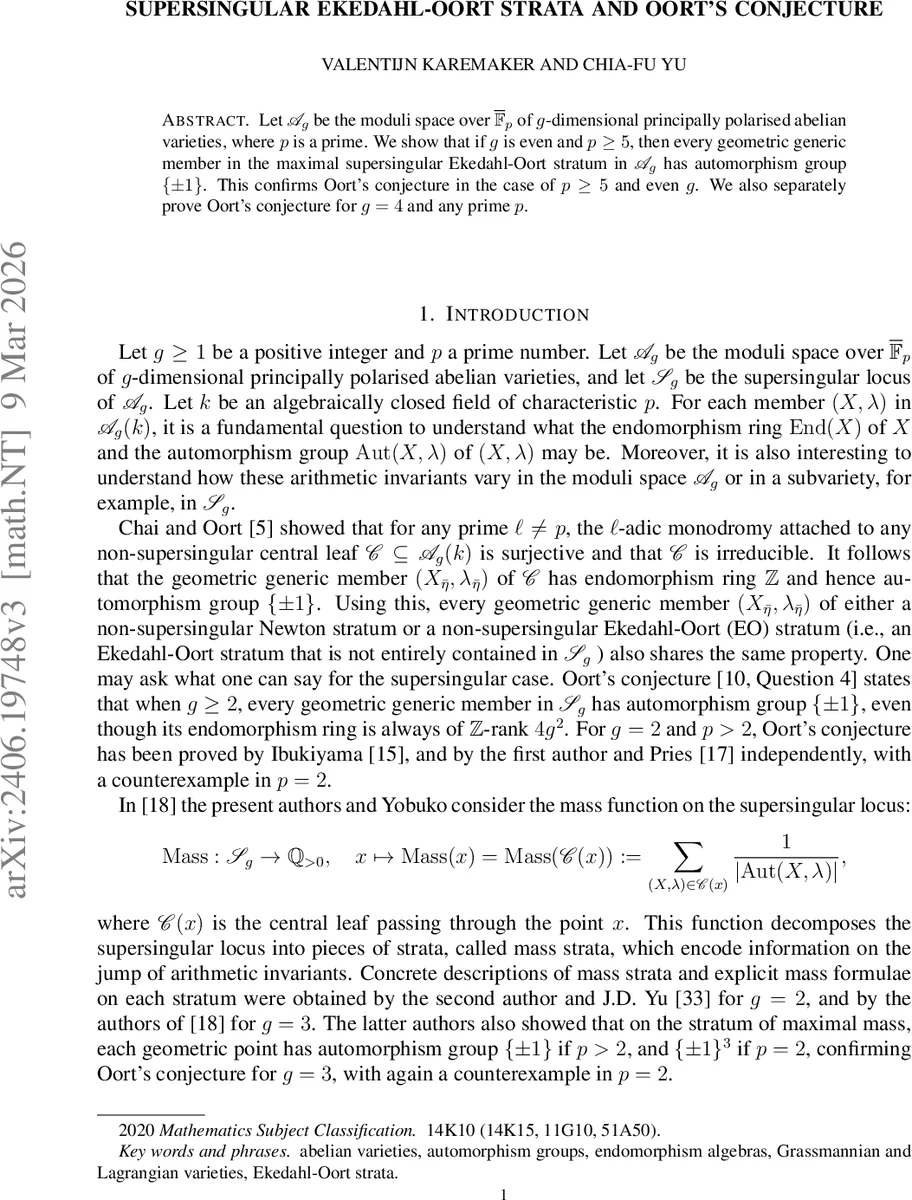 Supersingular Ekedahl-Oort strata and Oort's conjecture