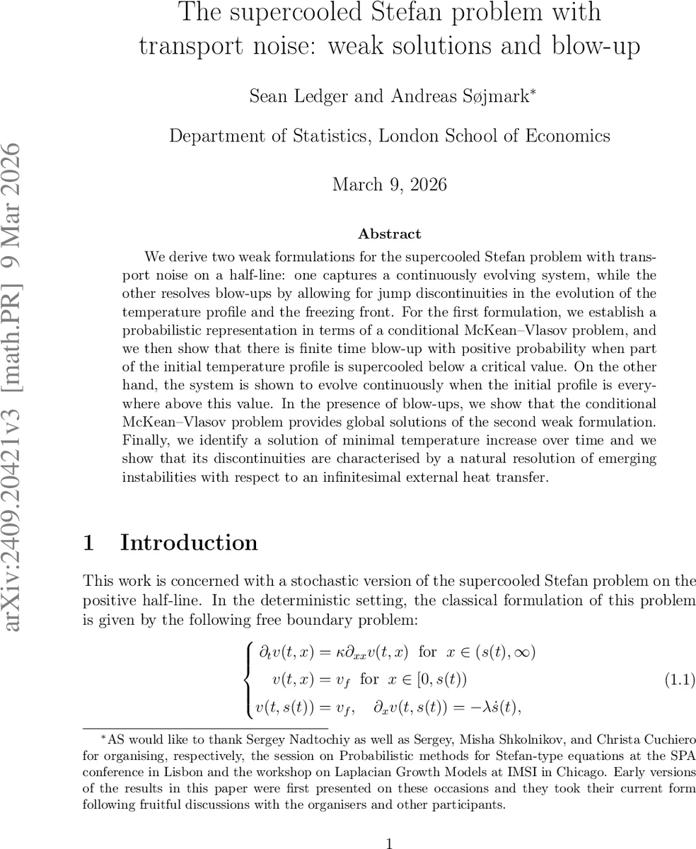 The supercooled Stefan problem with transport noise: weak solutions and blow-up