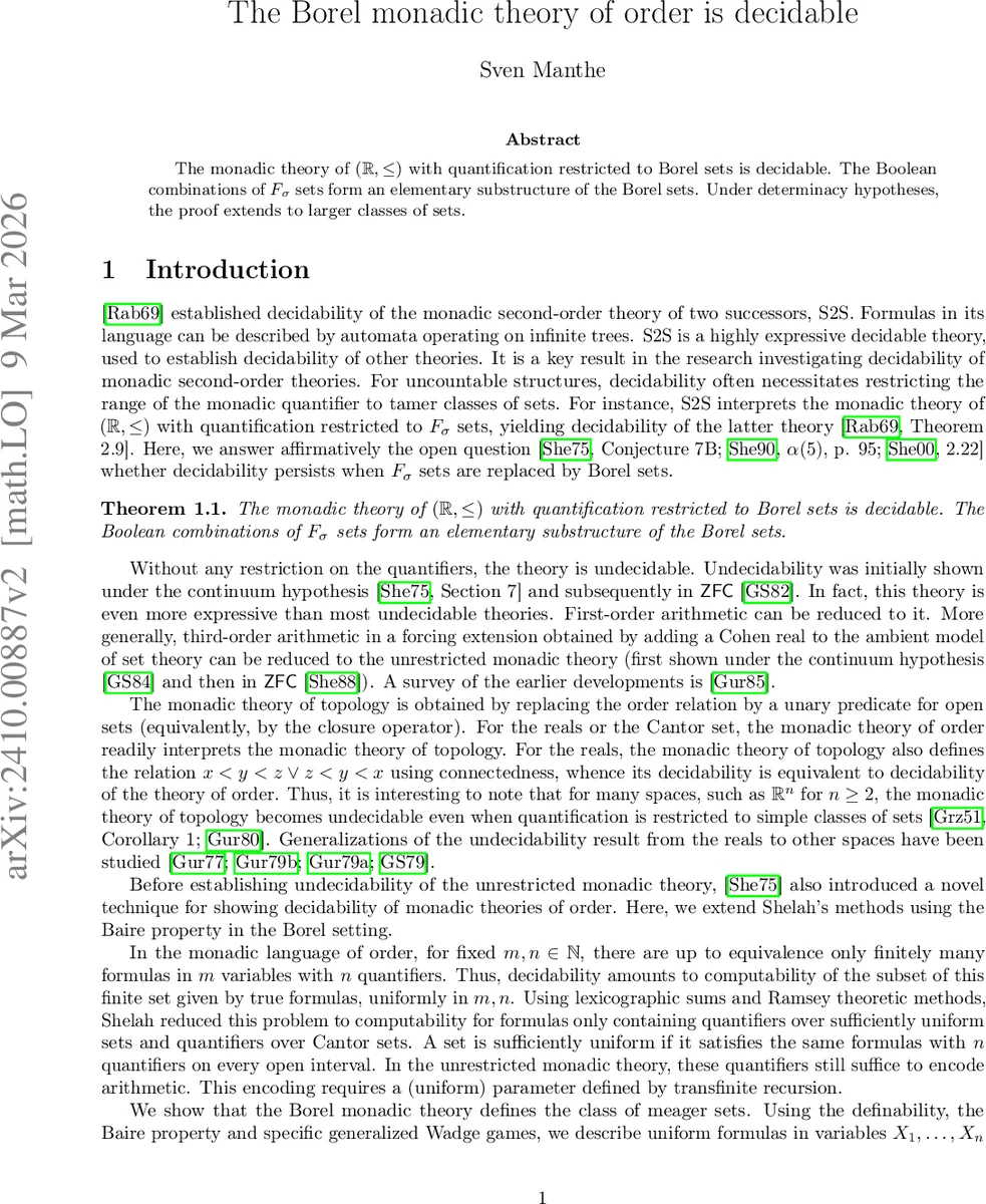 The Borel monadic theory of order is decidable