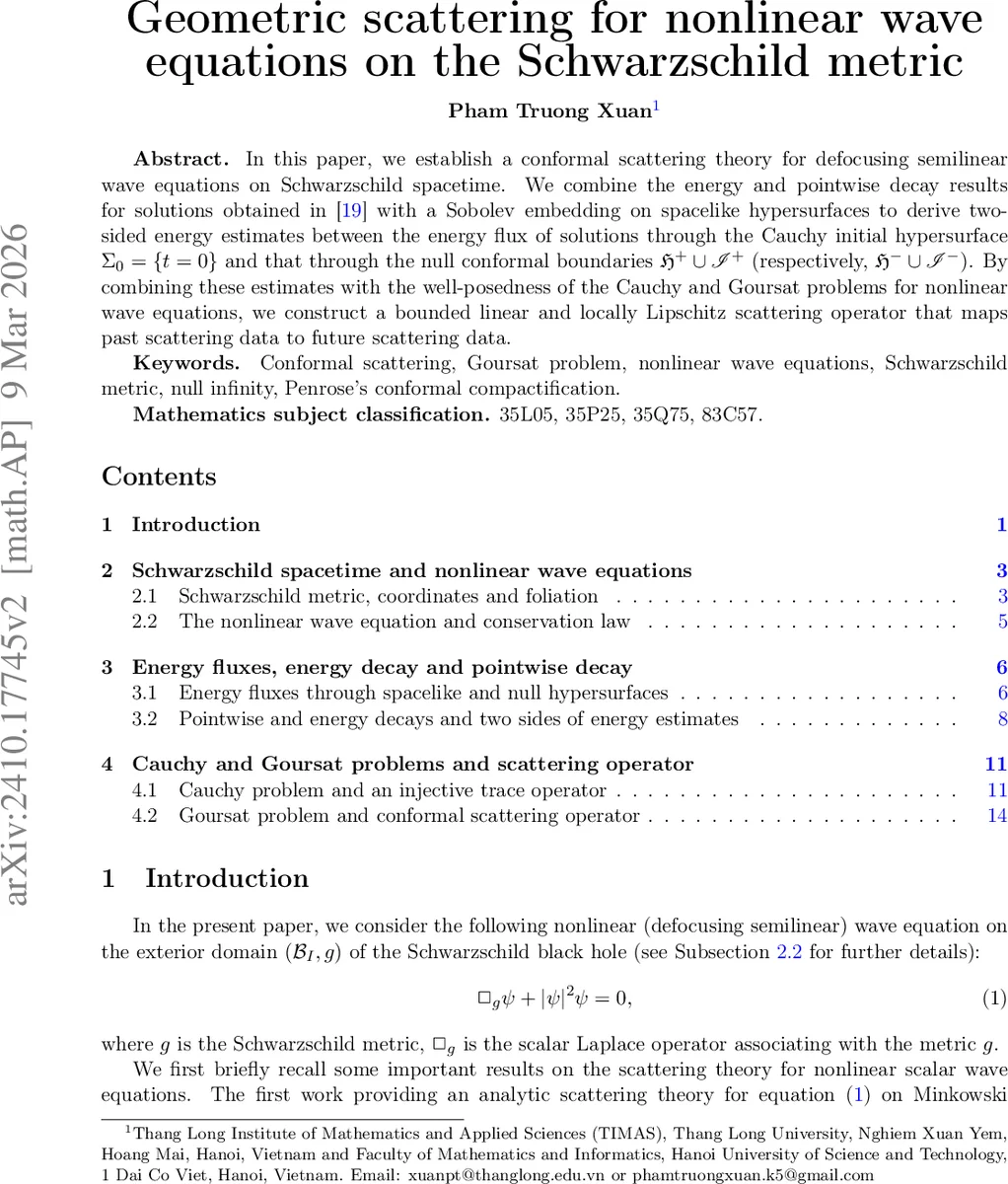 Geometric scattering for nonlinear wave equations on the Schwarzschild metric