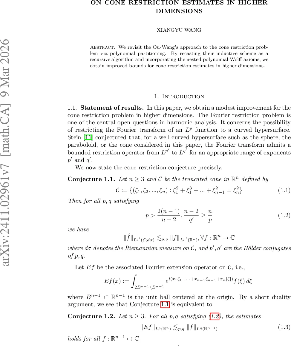 On Cone Restriction Estimates in Higher Dimensions