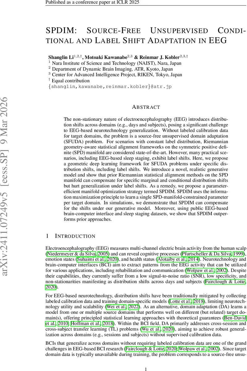 SPDIM: Source-Free Unsupervised Conditional and Label Shift Adaptation in EEG