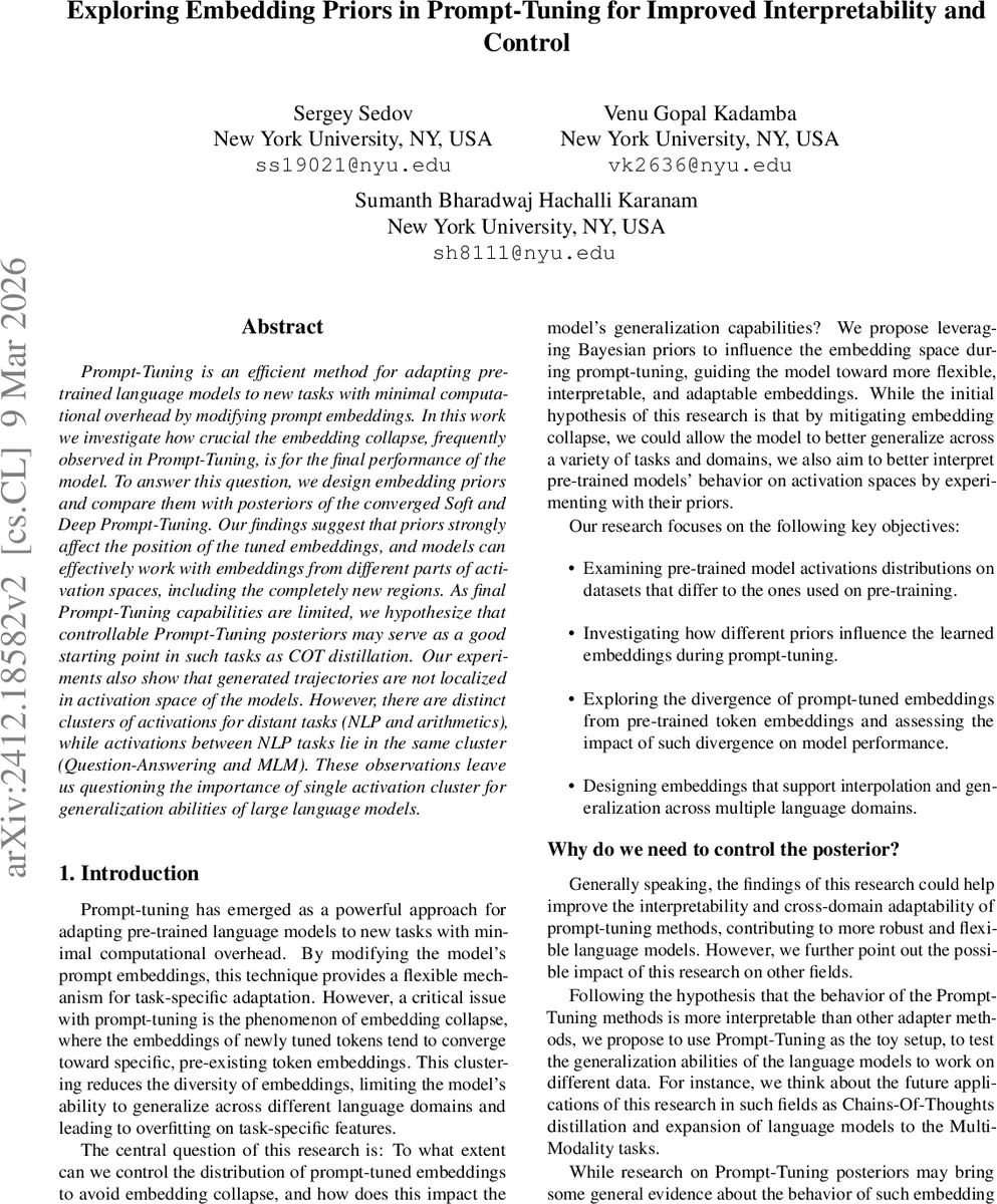 Exploring Embedding Priors in Prompt-Tuning for Improved Interpretability and Control