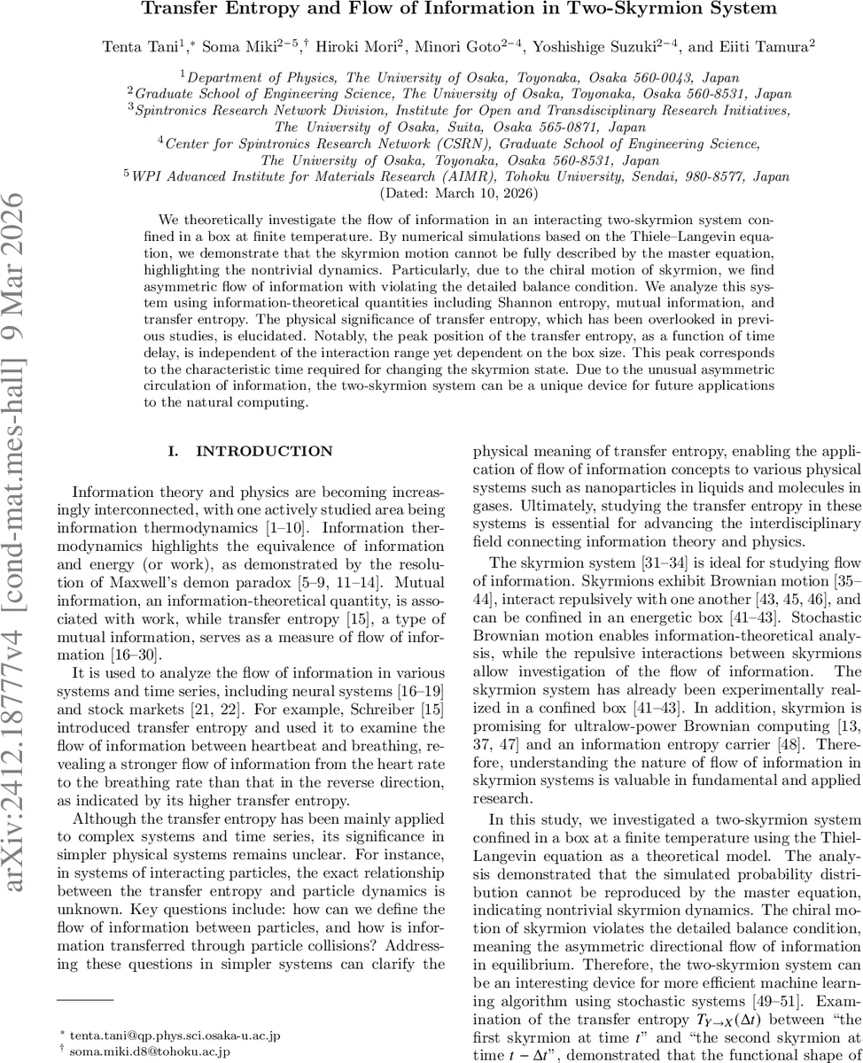 Transfer Entropy and Flow of Information in Two-Skyrmion System
