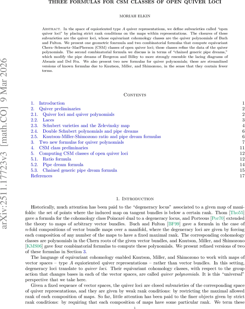 Three formulas for CSM classes of open quiver loci