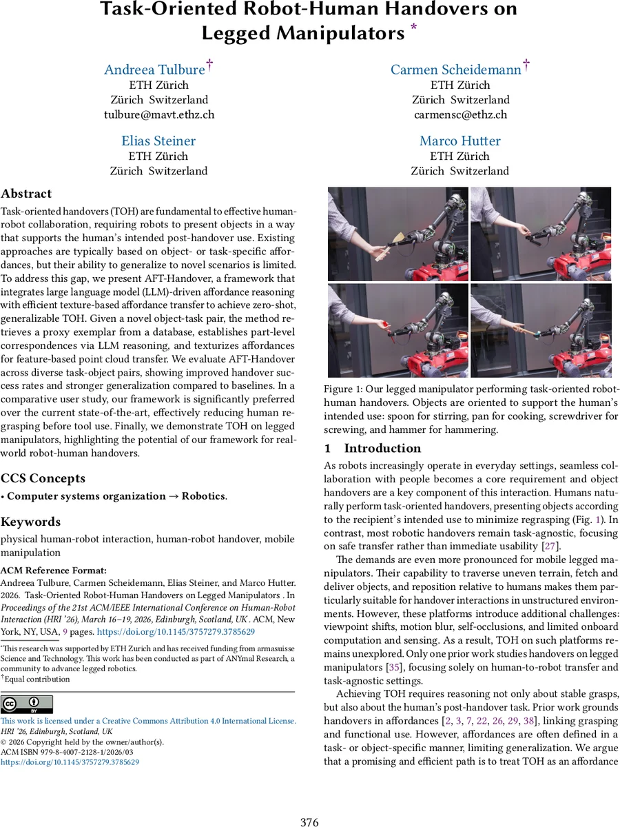Task-Oriented Robot-Human Handovers on Legged Manipulators
