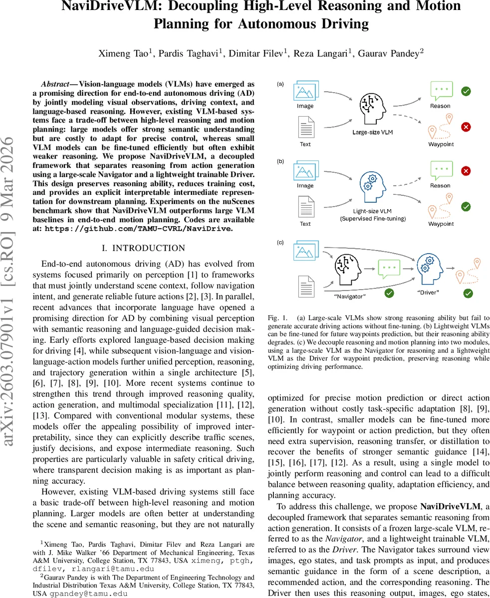 NaviDriveVLM: Decoupling High-Level Reasoning and Motion Planning for Autonomous Driving