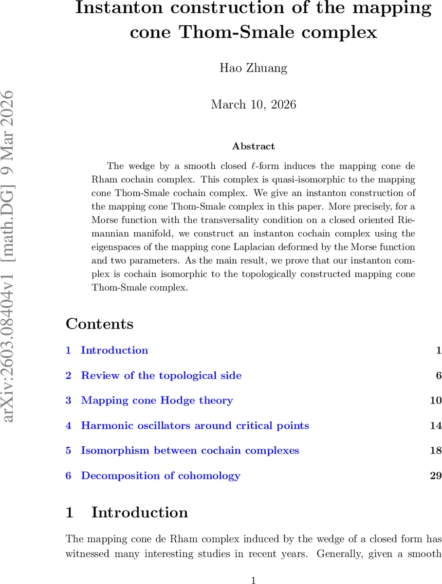 Instanton construction of the mapping cone Thom-Smale complex
