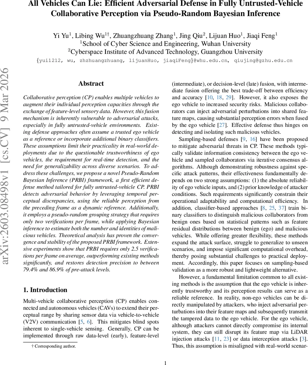 All Vehicles Can Lie: Efficient Adversarial Defense in Fully Untrusted-Vehicle Collaborative Perception via Pseudo-Random Bayesian Inference
