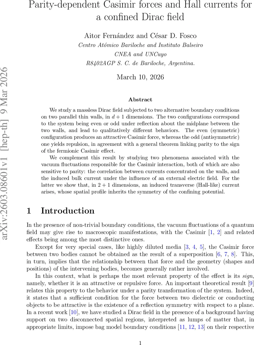 Parity-dependent Casimir forces and Hall currents for a confined Dirac field