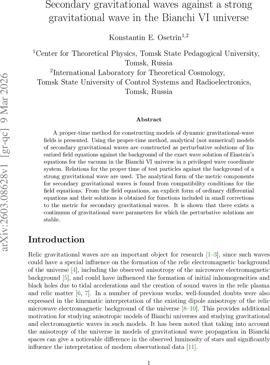 Secondary gravitational waves against a strong gravitational wave in the Bianchi VI universe