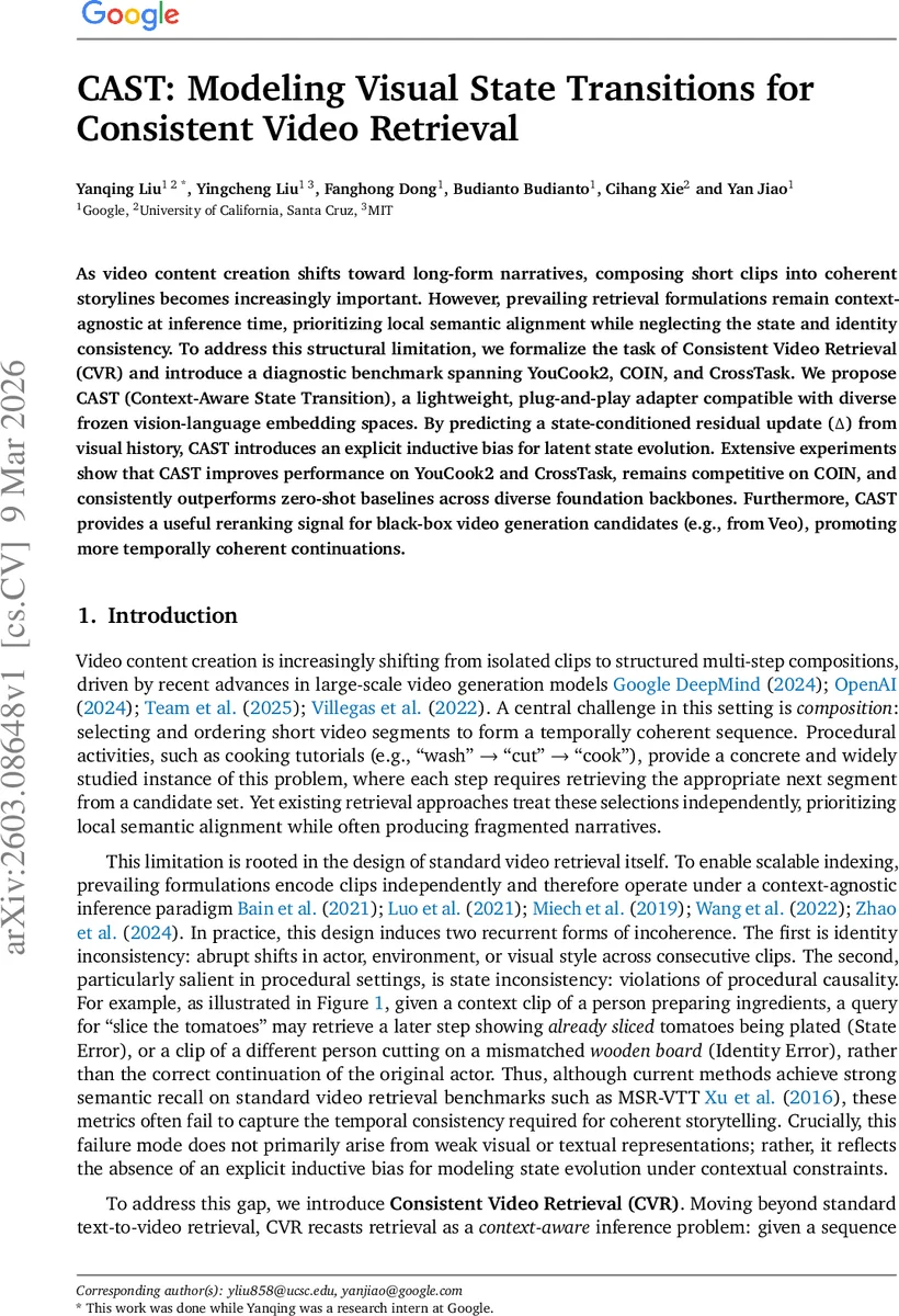 CAST: Modeling Visual State Transitions for Consistent Video Retrieval