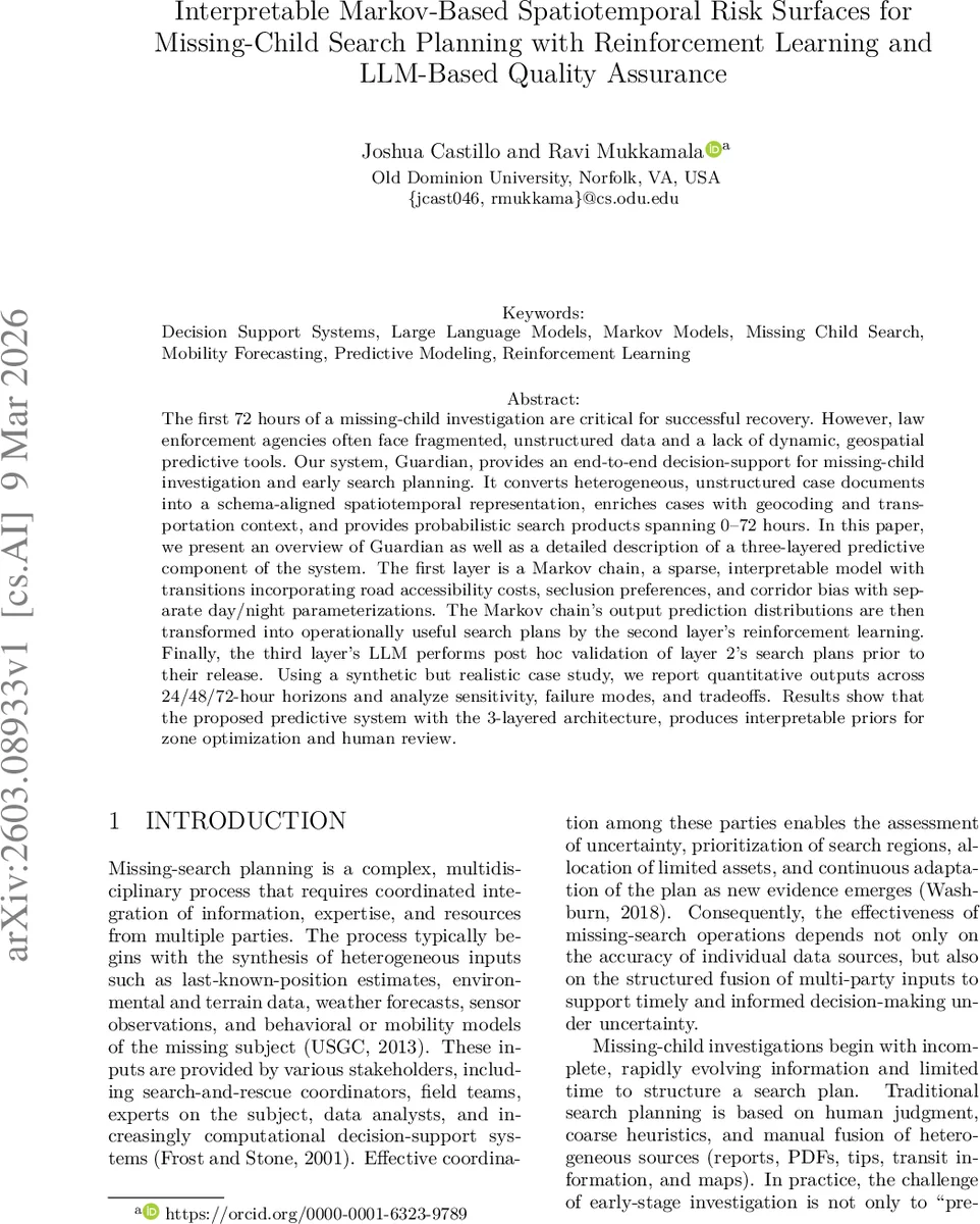 Interpretable Markov-Based Spatiotemporal Risk Surfaces for Missing-Child Search Planning with Reinforcement Learning and LLM-Based Quality Assurance