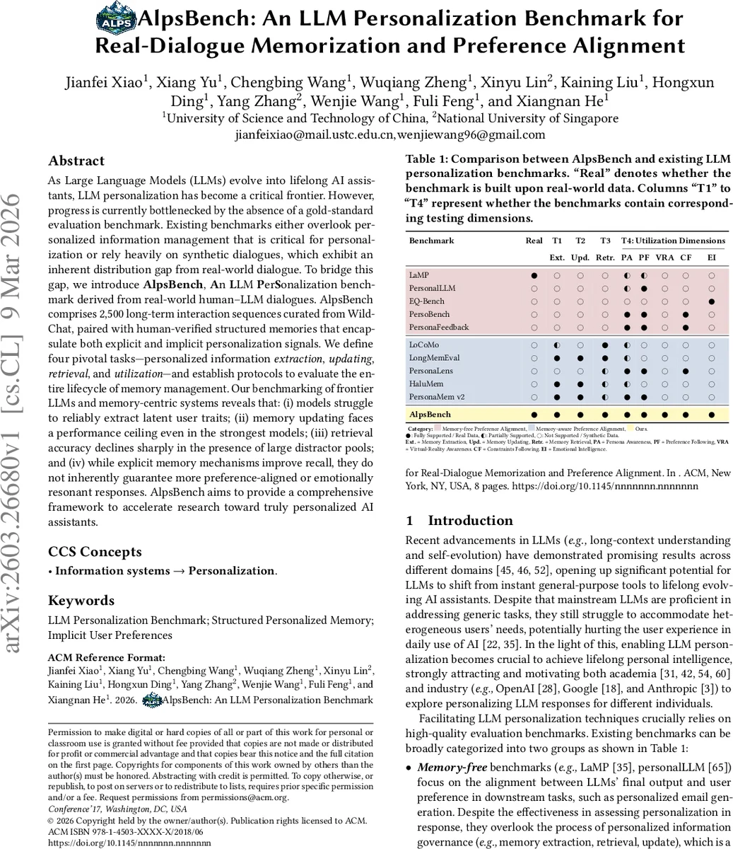 AlpsBench: An LLM Personalization Benchmark for Real-Dialogue Memorization and Preference Alignment