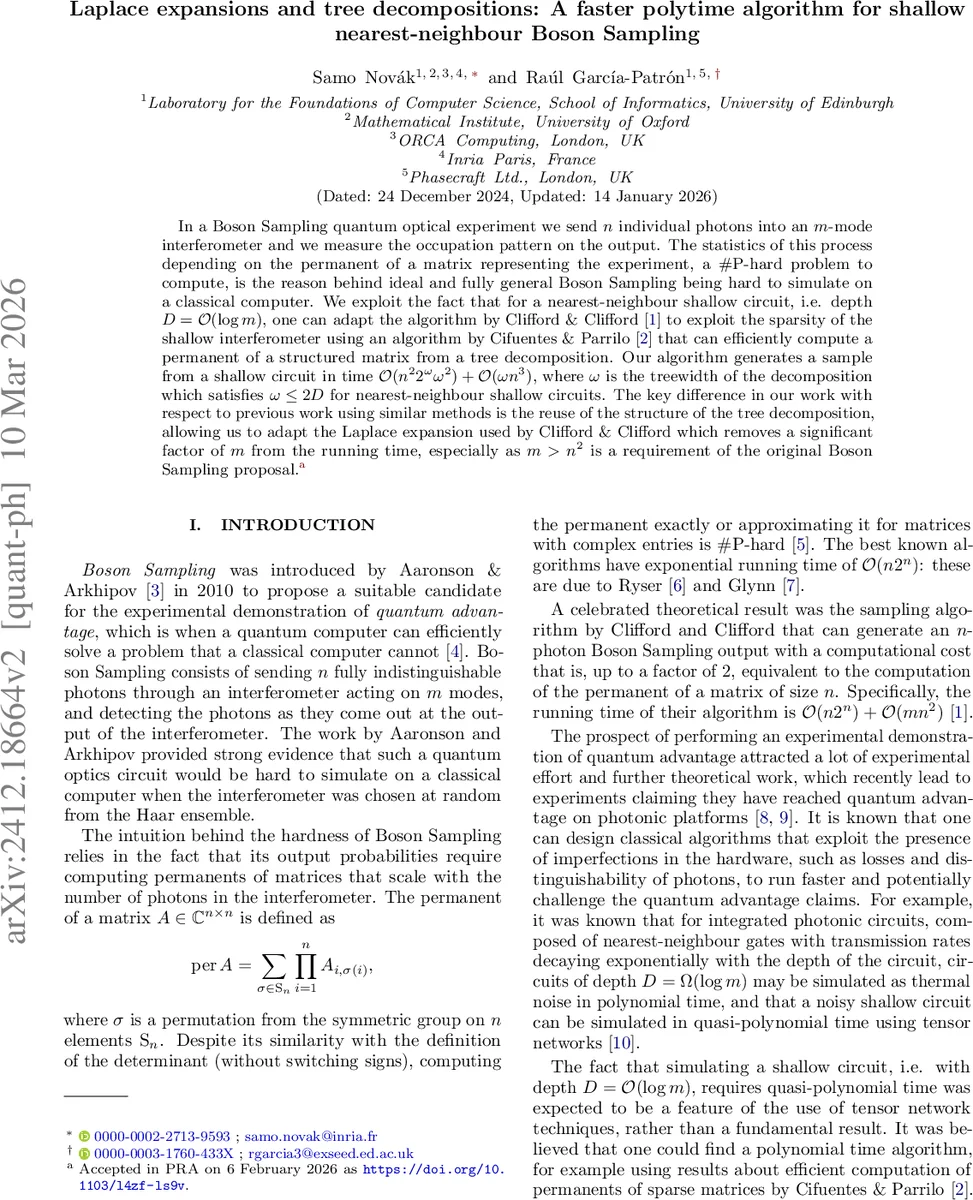 Laplace expansions and tree decompositions: A faster polytime algorithm for shallow nearest-neighbour Boson Sampling