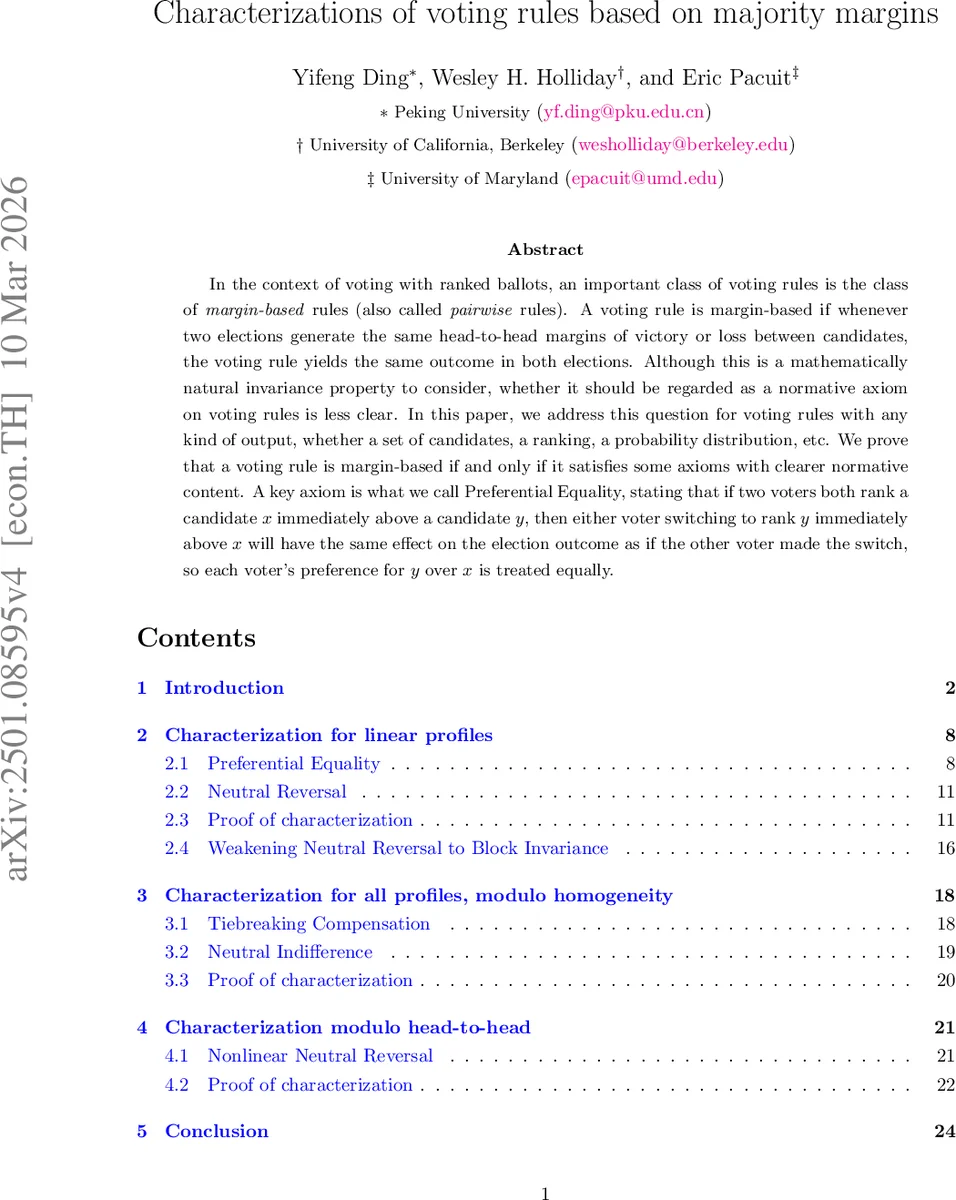 Characterizations of voting rules based on majority margins
