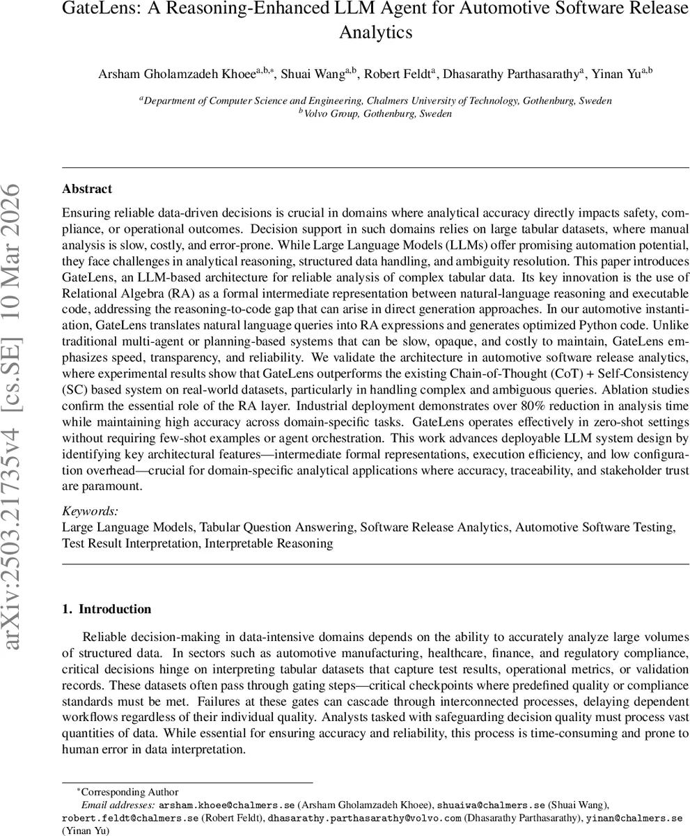GateLens: A Reasoning-Enhanced LLM Agent for Automotive Software Release Analytics