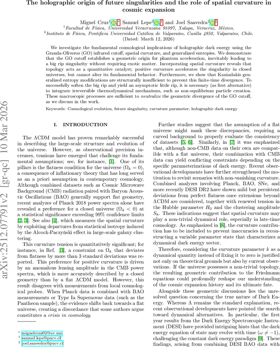The holographic origin of future singularities and the role of spatial curvature in cosmic expansion