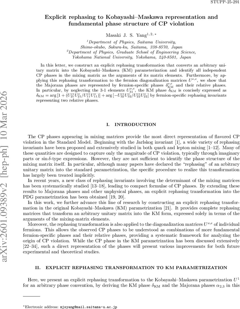 Explicit rephasing to Kobayashi-Maskawa representation and fundamental phase structure of CP violation